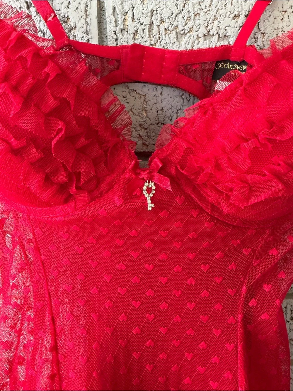 Vintage Sheer Ruffle Mesh Babydoll Slip Dress Chemise Red Size Medium
